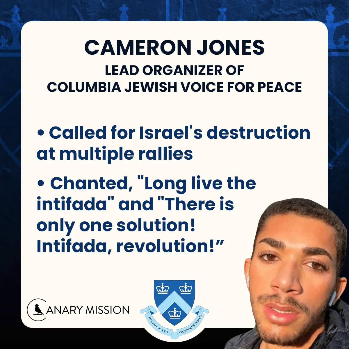 Jones has repeatedly demanded Israel’s destruction, chanting violent slogans like “Intifada, revolution!” at campus rallies.